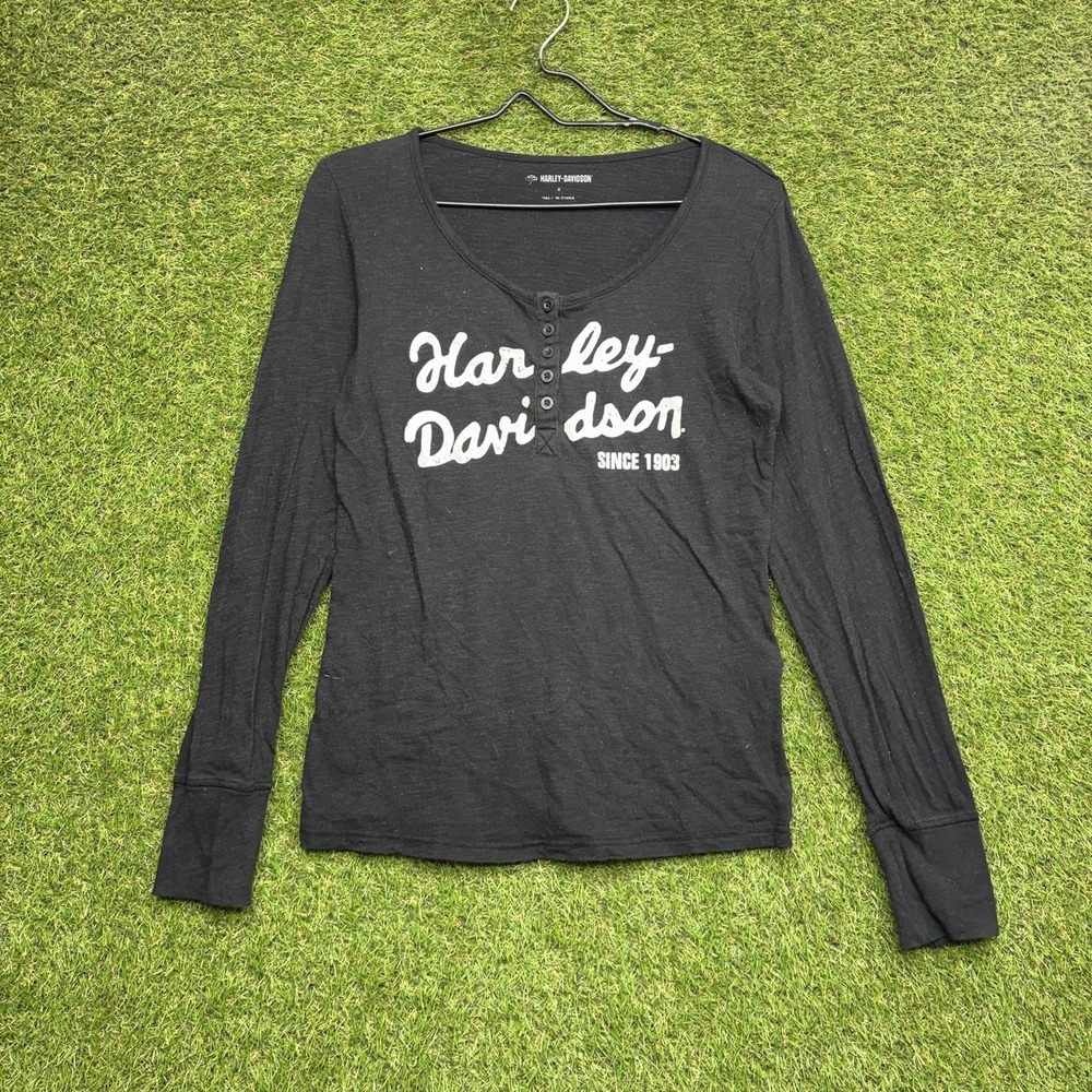 Harley Davidson Shirt Womens Small Suspension Scoop Neck Henley Long Sleeve